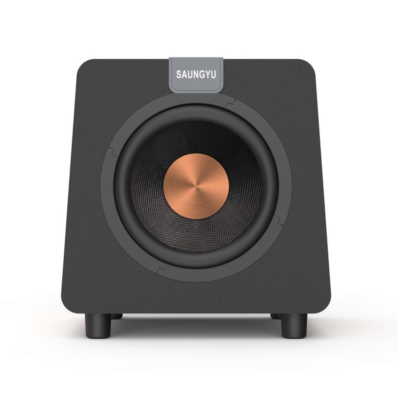 8-inch fiberglass speaker subwoofer in a wood-grain cabinet featuring black front and rear baffles-2