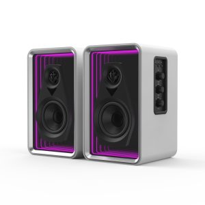 3D Mirrored Bookshelf Speaker in a White Cabinet with RGB LED Abyss Effect Lighting-1