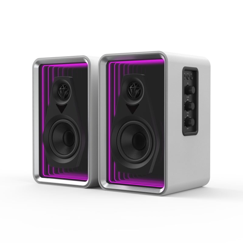 3D Mirrored Bookshelf Speaker in a White Cabinet with RGB LED Abyss Effect Lighting-1