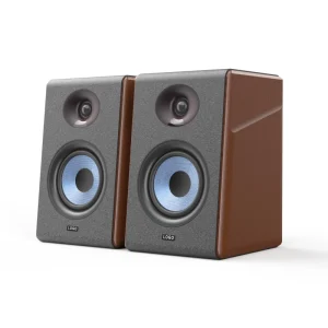 4-inch Bookshelf Speaker with Blue Exposed-Woofer Mounted on Plywood in a Black Enclosure-1