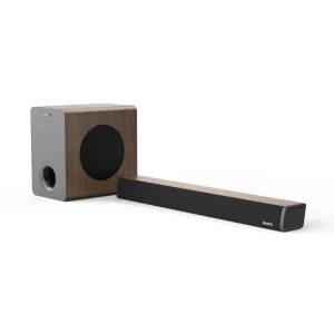 Soundbar in a wood-grain cabinet with an included subwoofer-1
