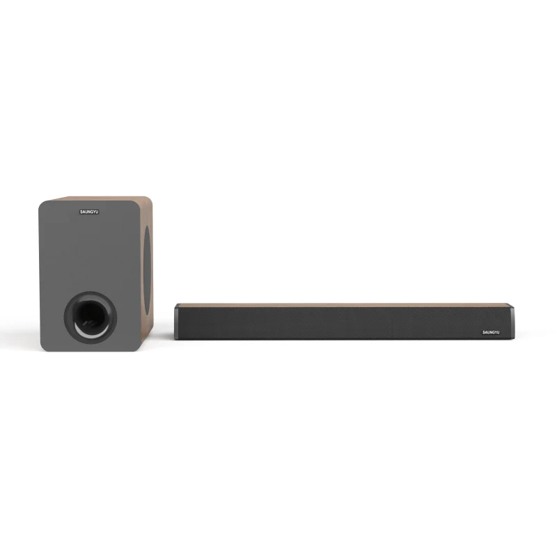 Soundbar in a wood-grain cabinet with an included subwoofer-2