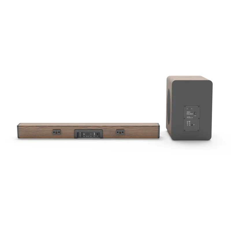 Soundbar in a wood-grain cabinet with an included subwoofer-5