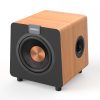8-inch fiberglass speaker subwoofer in a wood-grain cabinet featuring black front and rear baffles-3 8-inch fiberglass speaker subwoofer in a wood-grain cabinet featuring black front and rear baffles-3