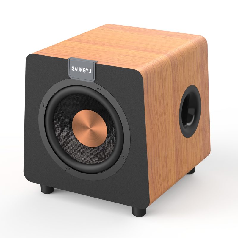 8-inch fiberglass speaker subwoofer in a wood-grain cabinet featuring black front and rear baffles-3 8-inch fiberglass speaker subwoofer in a wood-grain cabinet featuring black front and rear baffles-3