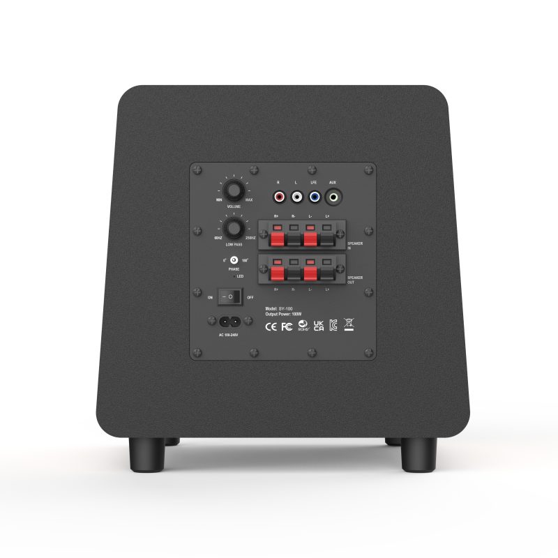 8-inch fiberglass speaker subwoofer in a wood-grain cabinet featuring black front and rear baffles-4 8-inch fiberglass speaker subwoofer in a wood-grain cabinet featuring black front and rear baffles-4