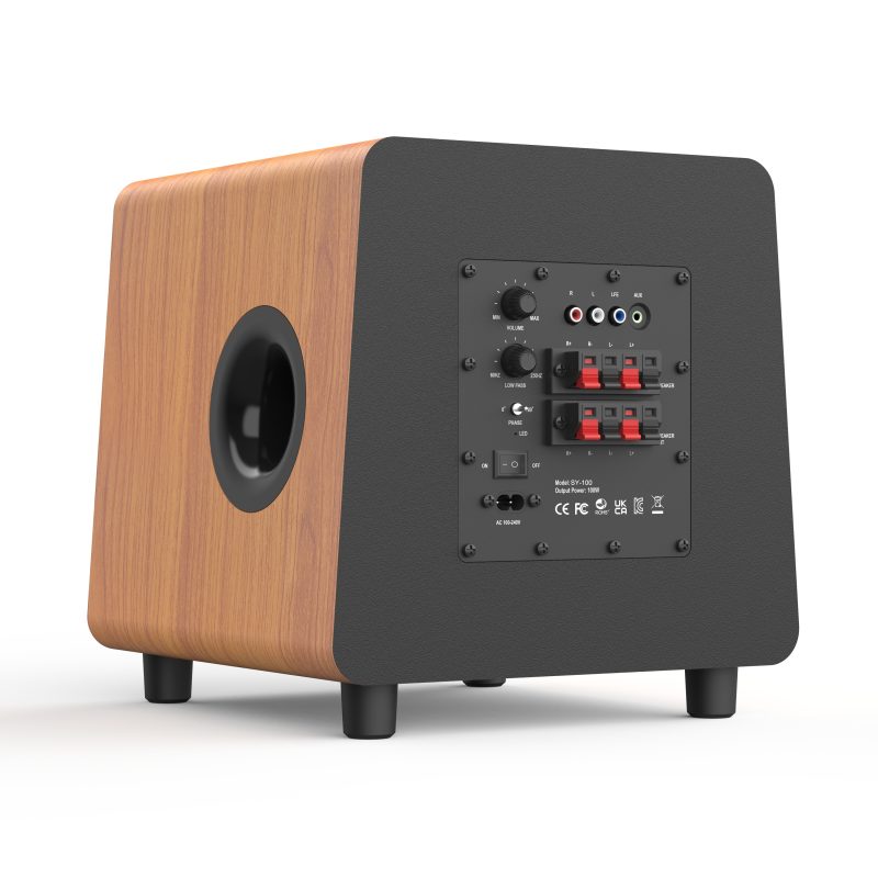 8-inch fiberglass speaker subwoofer in a wood-grain cabinet featuring black front and rear baffles-5 8-inch fiberglass speaker subwoofer in a wood-grain cabinet featuring black front and rear baffles-5